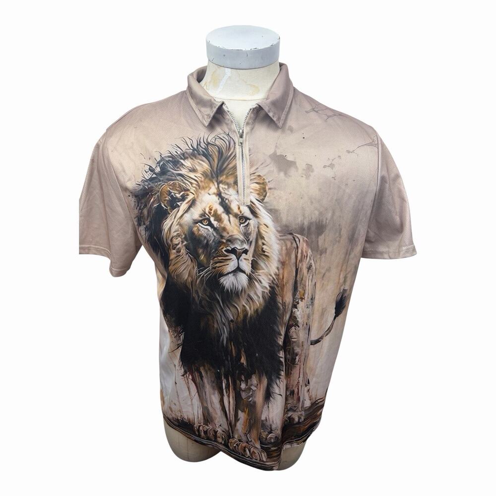 Men’s 1XL Lion Graphic Polo Shirt 1/4 Zip All Over Print Animal Safari